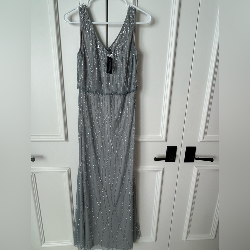NWT Adrianna Papell blue-gray beaded gown